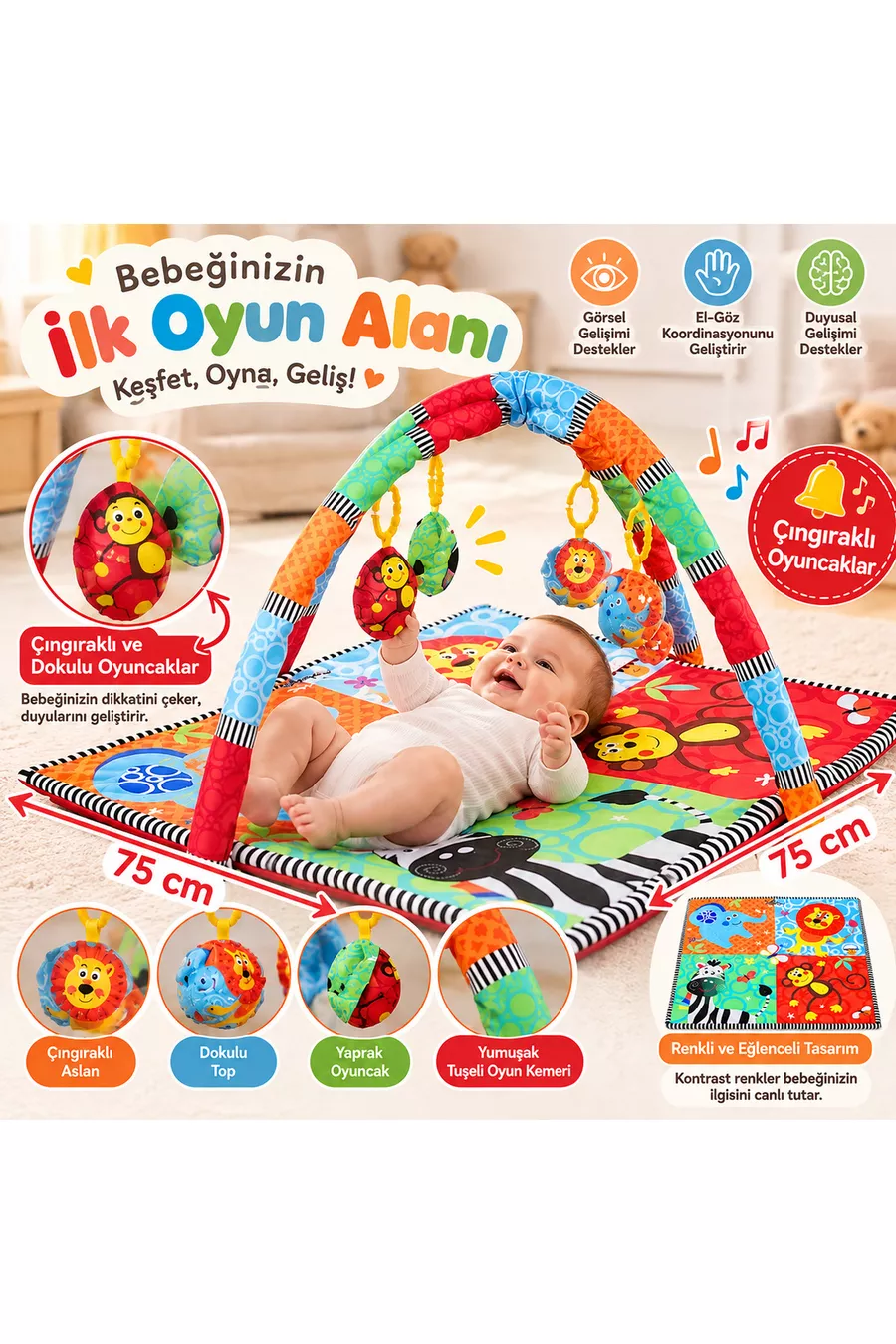 Tapis de jeu avec coussin et jouets pour bébé 