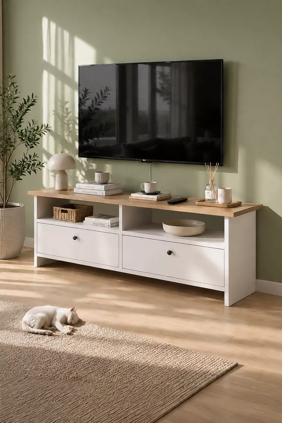 Meuble TV 2 Portes Unité TV Table TV  x  Cm Santorin Saphir Chêne Blanc