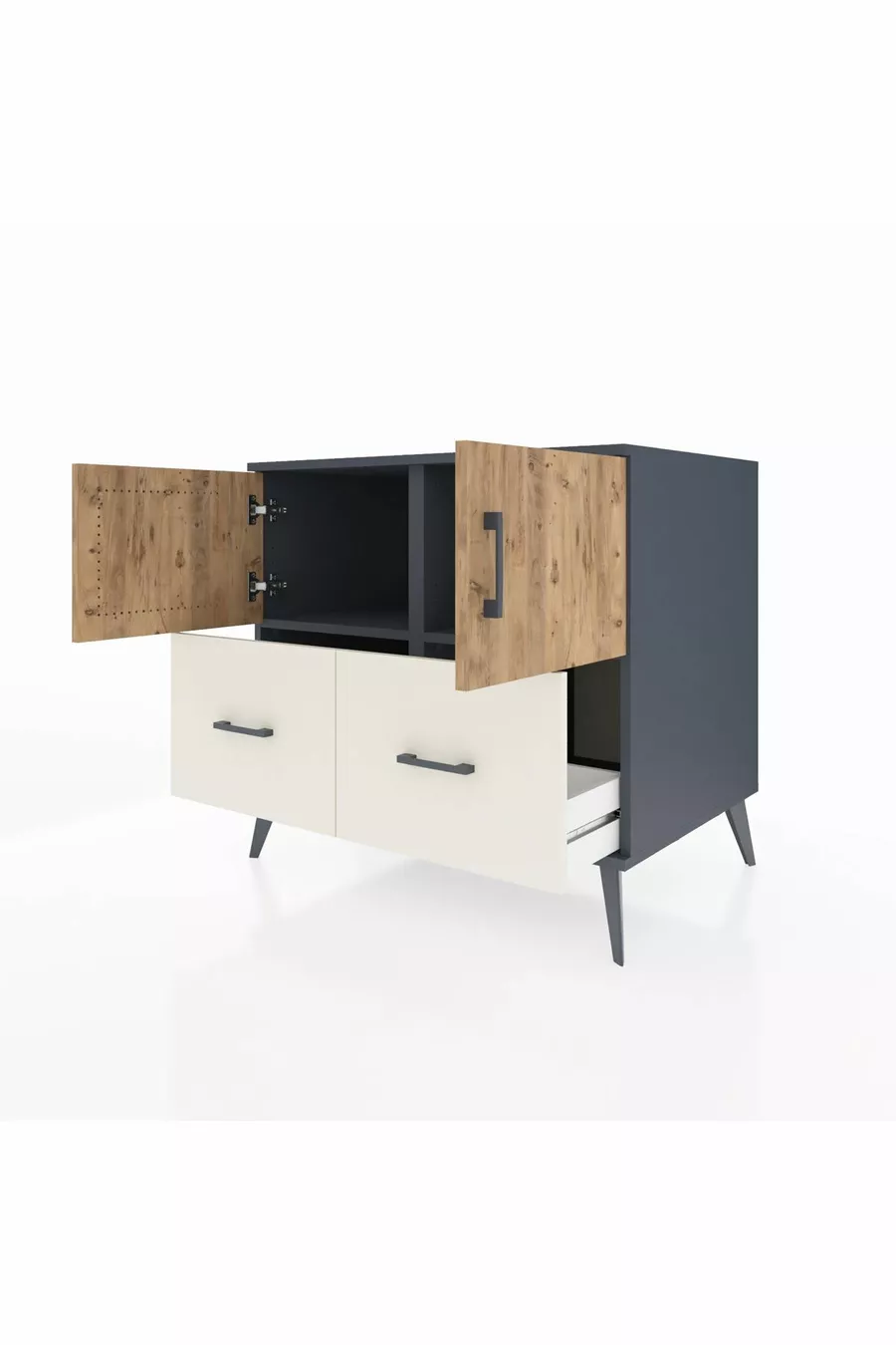 Commode Kronos 2 étagères 2 tiroirs 2 portes Anthracite-Sapin/Gris pierre
