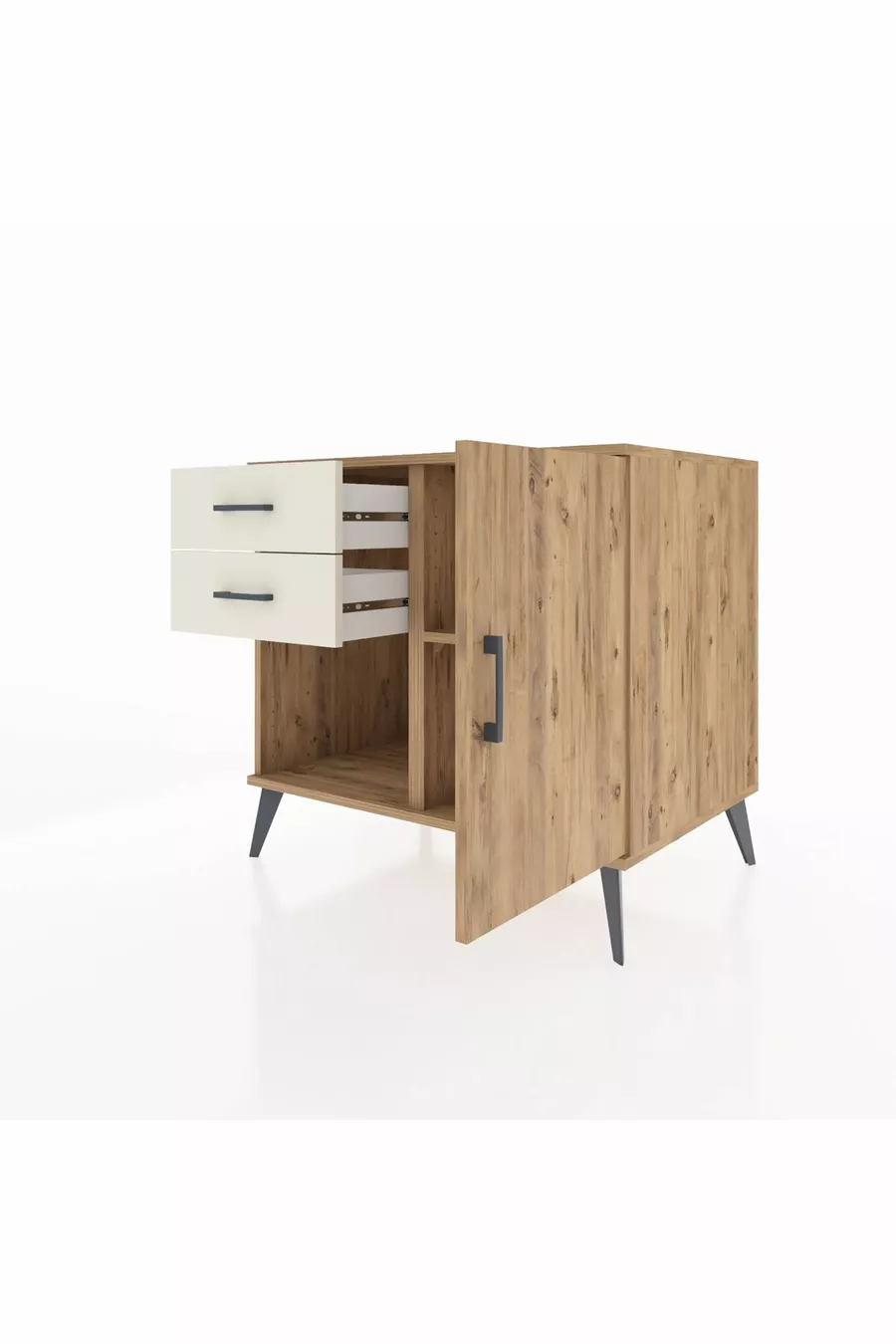 Commode Kronos avec une seule étagère, 2 tiroirs et une porte, Pin-Pin / Nacré