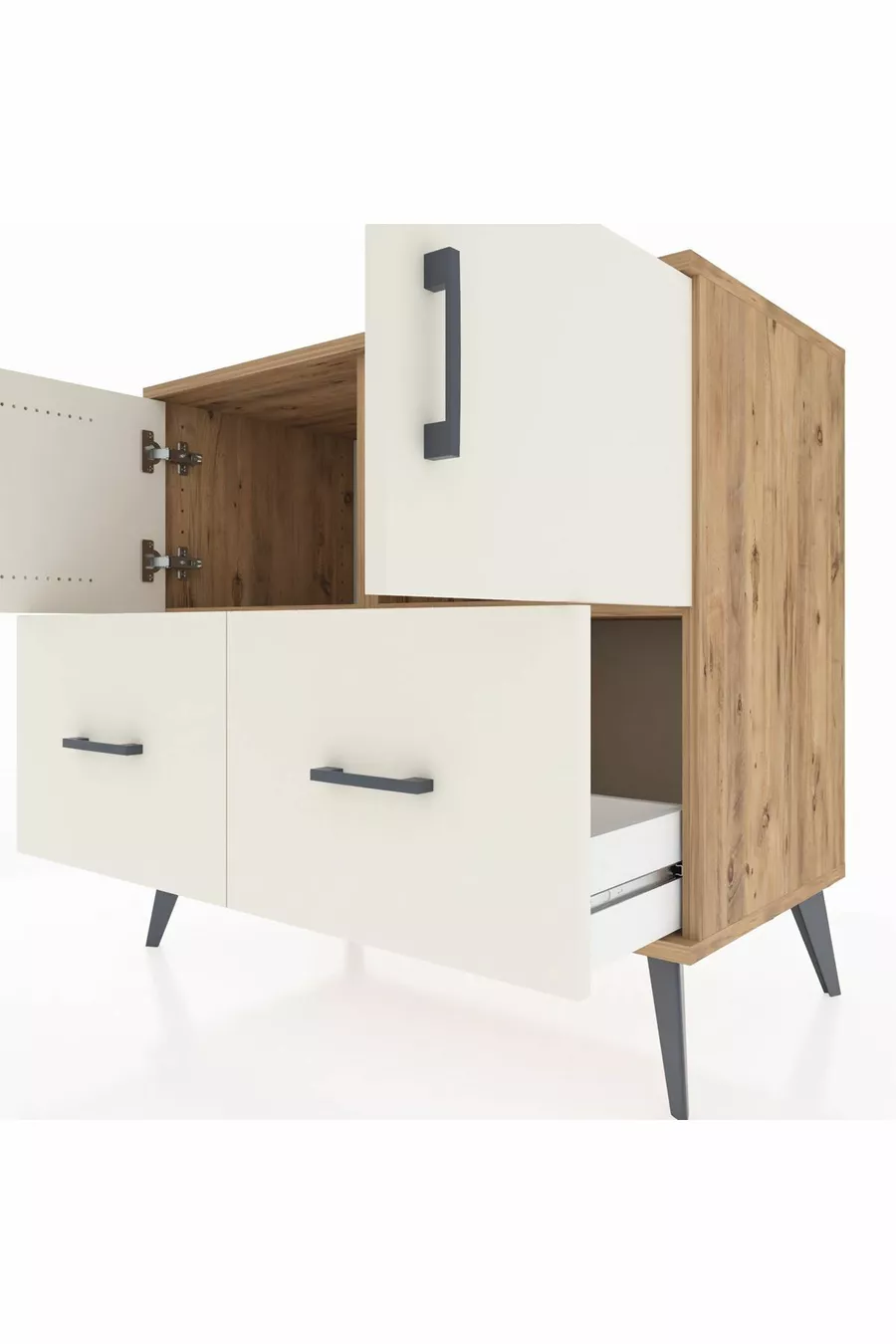 Commode Hyperion 2 étagères 2 tiroirs 2 portes Pin-Gris