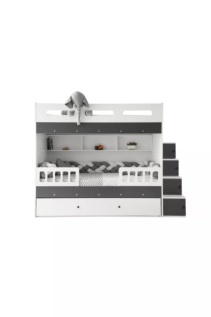 Lit superposé Berlin / Blanc-anthracite / Installation gratuite / 3 espaces pour lits et escalier avec placard / 100 % MDF