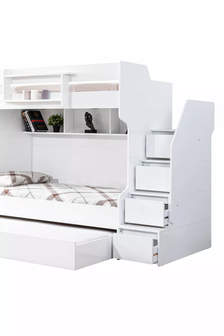 Lits superposés Ranza, courageux avec petit lit - Blanc, 2 matelas confort