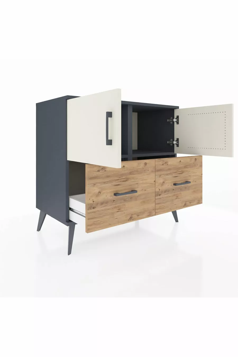 Commode Hyperion 2 étagères 2 tiroirs 2 portes Anthracite-Pierre de lune/Sapin
