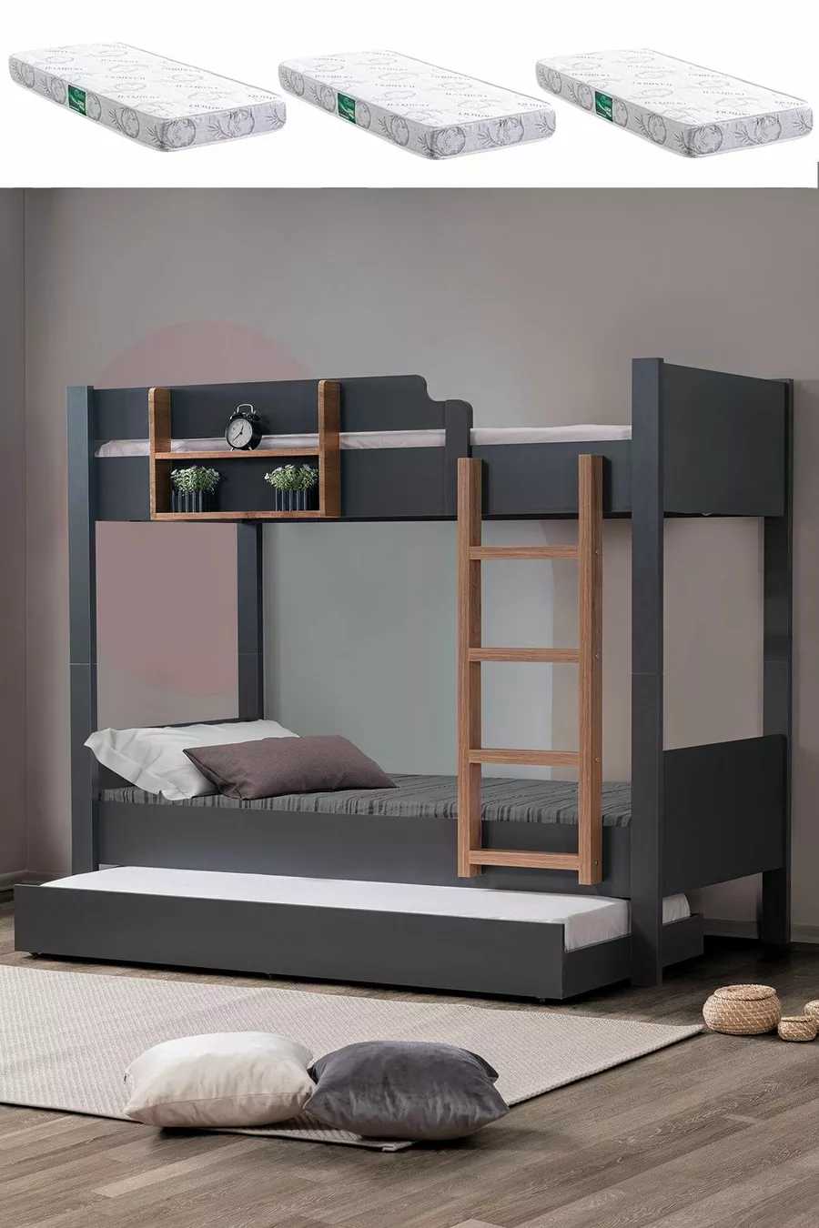 Lits superposés en profil MDF, lit superposé modulable Asya avec trois matelas confort