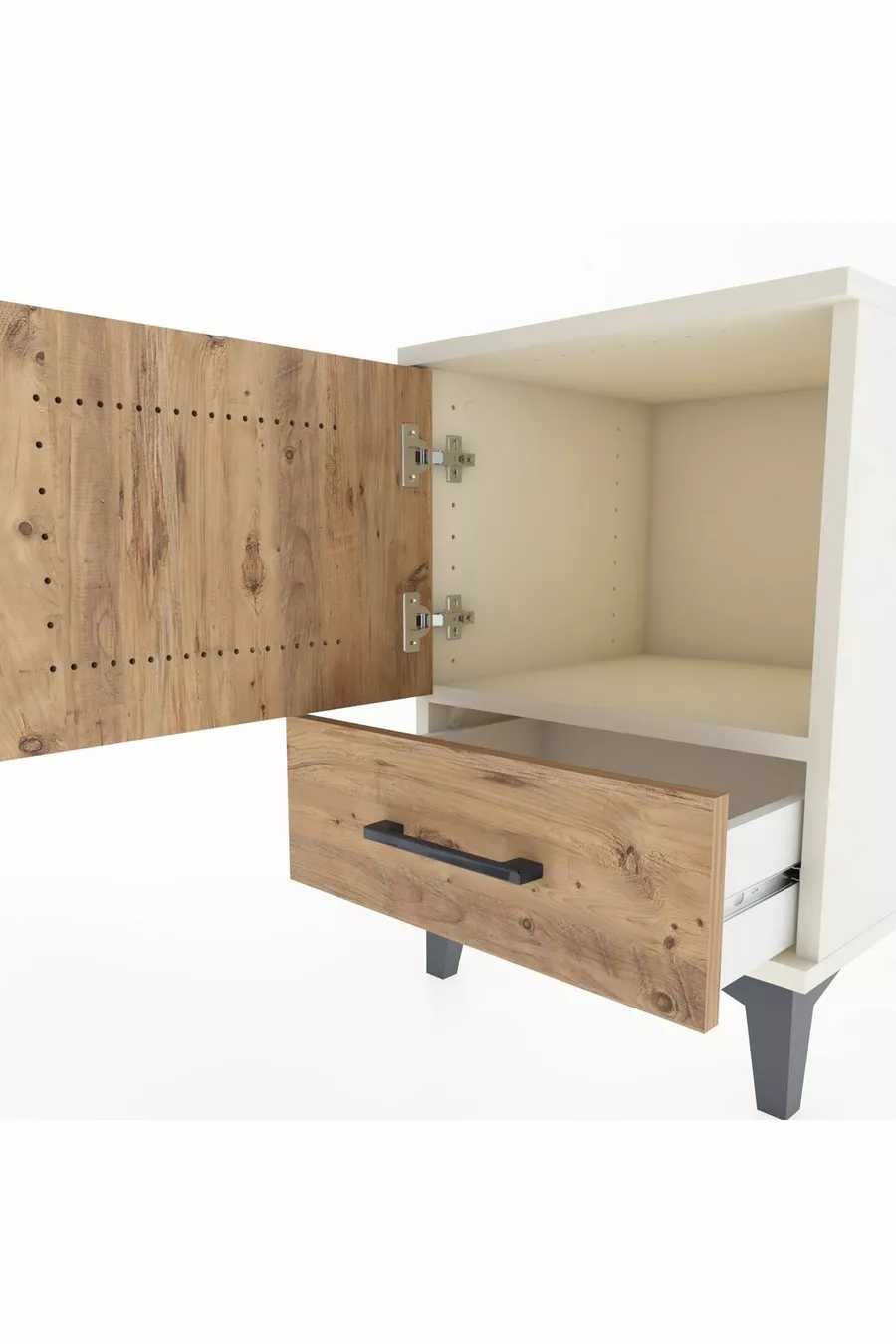Chevet Hyperion avec une étagère, un tiroir et une porte - Pierre de lune-Pin