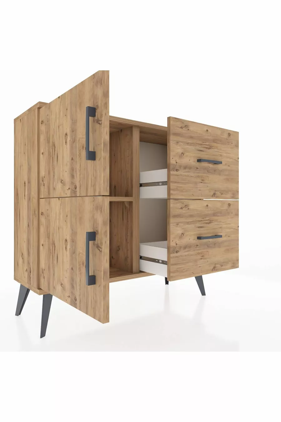 Commode Arges avec une étagère, 2 tiroirs et 2 portes, pin-pin
