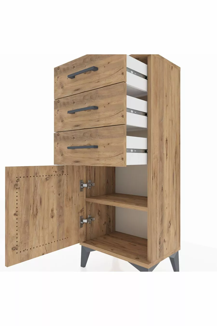 Chevet Arges avec une étagère, 3 tiroirs et une porte, en pin