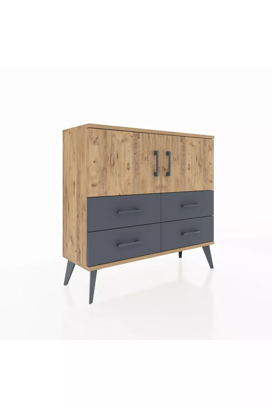 Commode Arges 2 étagères, 4 tiroirs, 2 portes, Pin/Anthracite
