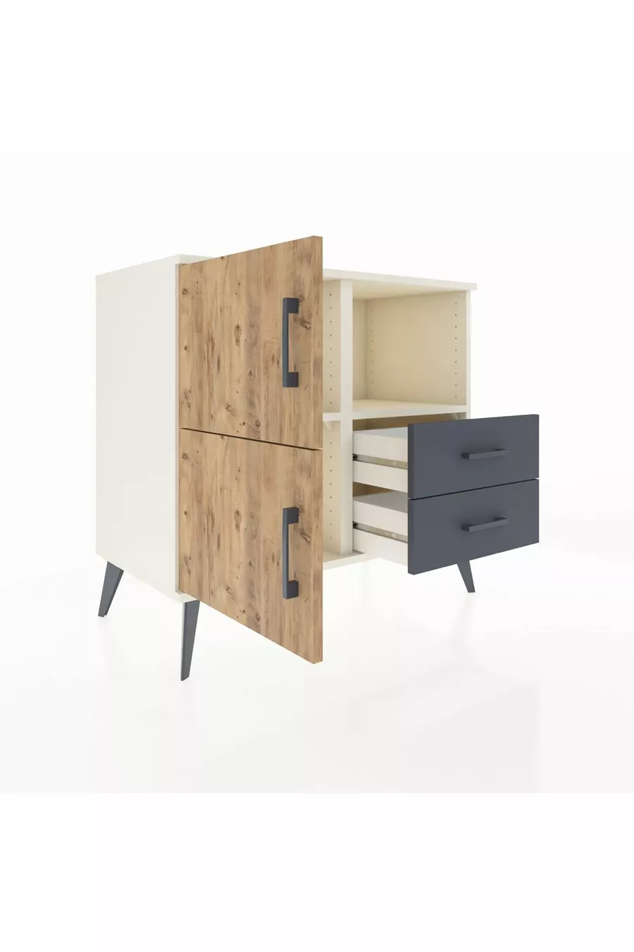 Commode Hyperion 2 étagères 2 tiroirs 2 portes Pierre de Lune-Sapin/Anthracite