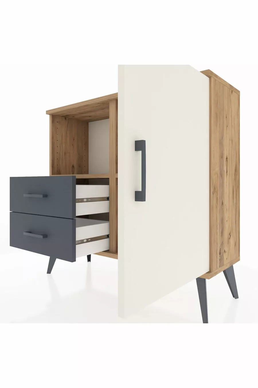 Commode Arges avec 2 étagères, 2 tiroirs et 1 porte, en pin-ardoise/anthracite