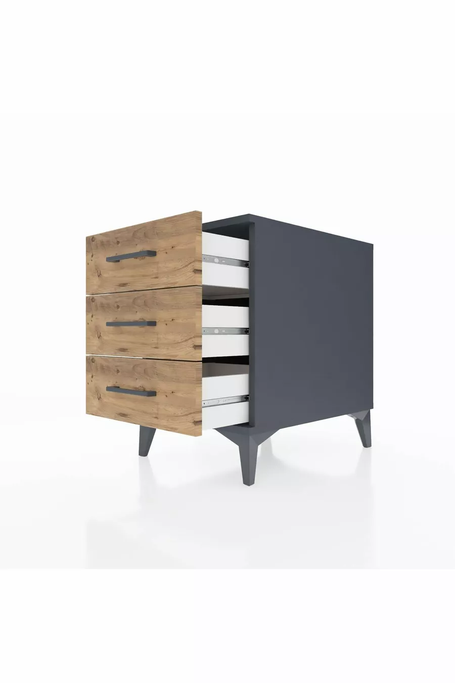 Table de chevet Kronos à 3 tiroirs Anthracite-Pin