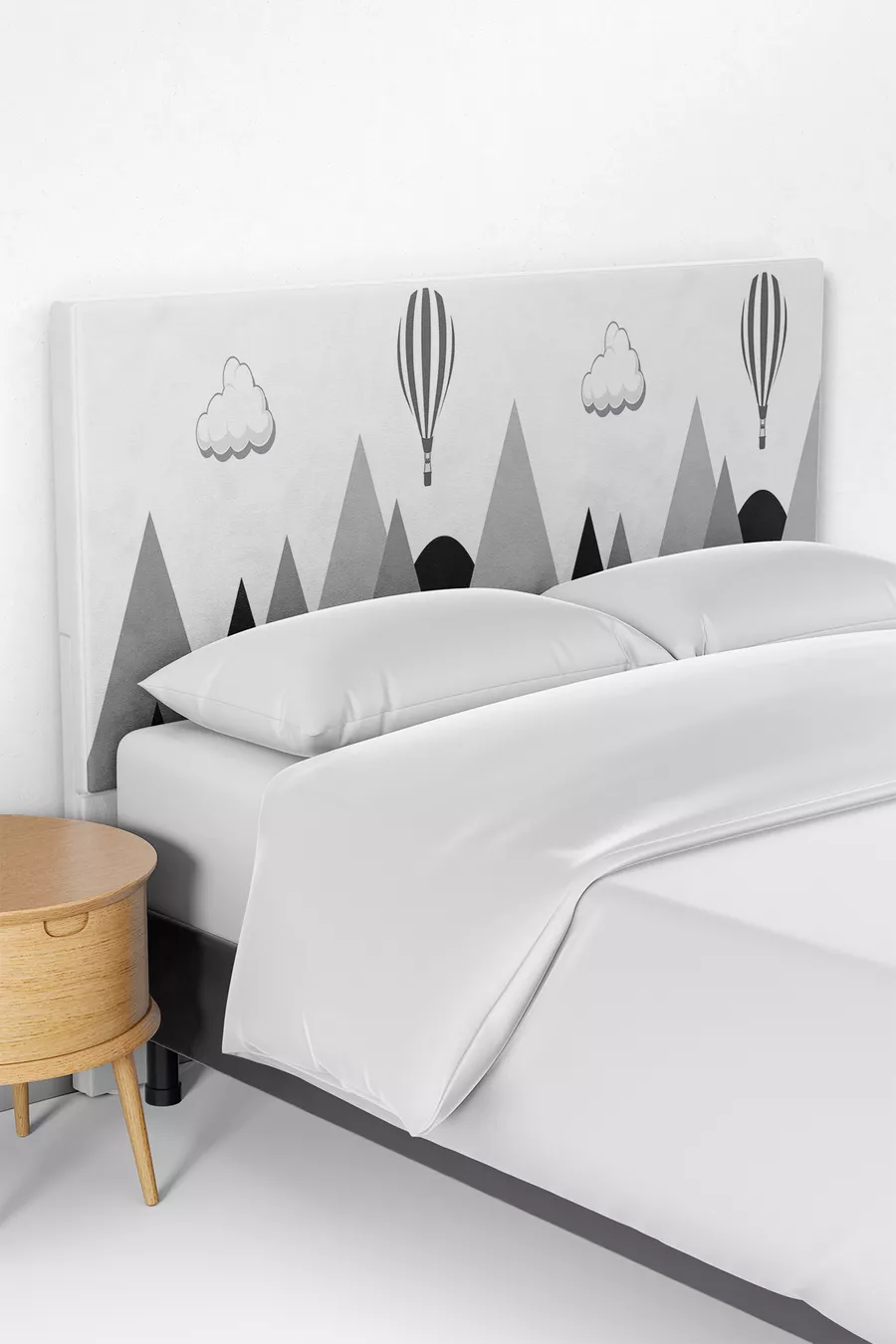 Housse de tête de lit pour enfant avec motif de montagne et vallée d'oiseaux sur fond gris