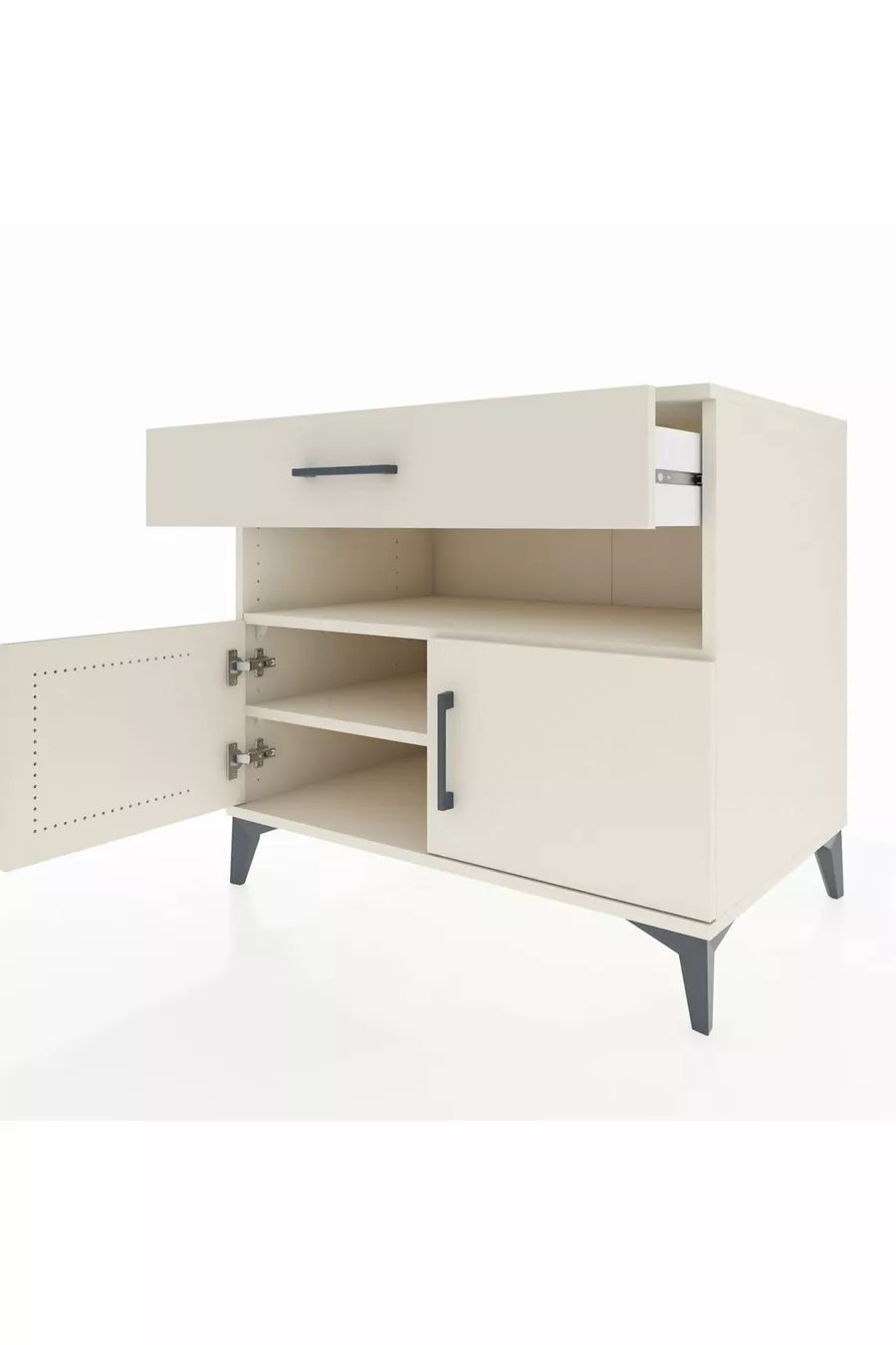 Commode Kronos avec 2 étagères, 1 tiroir et 2 portes, Pierre de Lune-Pierres de Lune