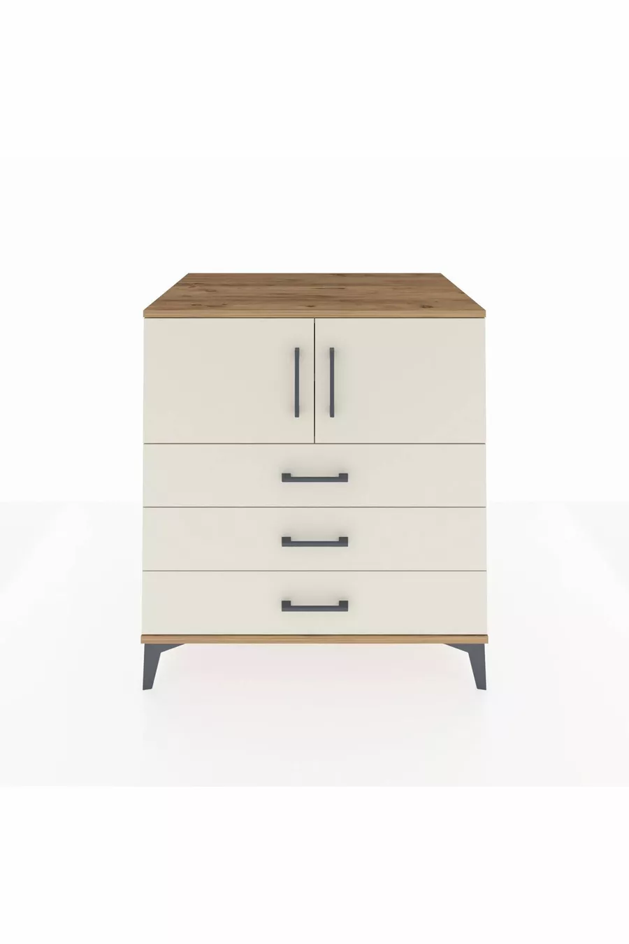Commode Kronos avec 2 étagères, 3 tiroirs et 2 portes, en pin et pierre de lune