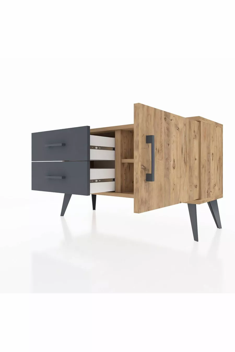 Commode Arges avec une seule étagère, 2 tiroirs et une porte, Pin-Pin/Anthracite