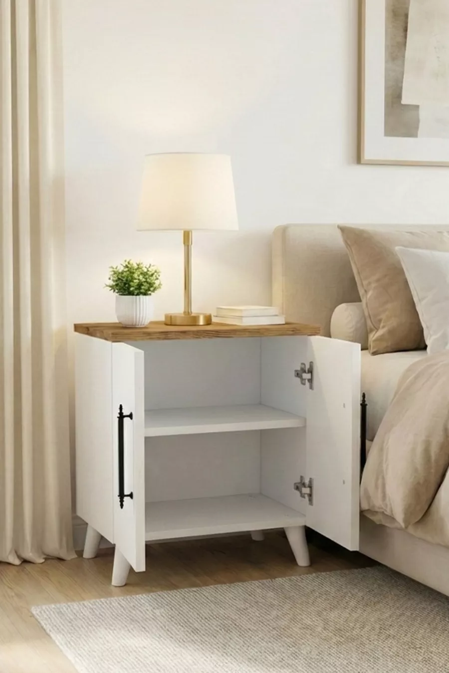 Table de chevet classique Lumen à 2 portes avec étagères, pin - blanc