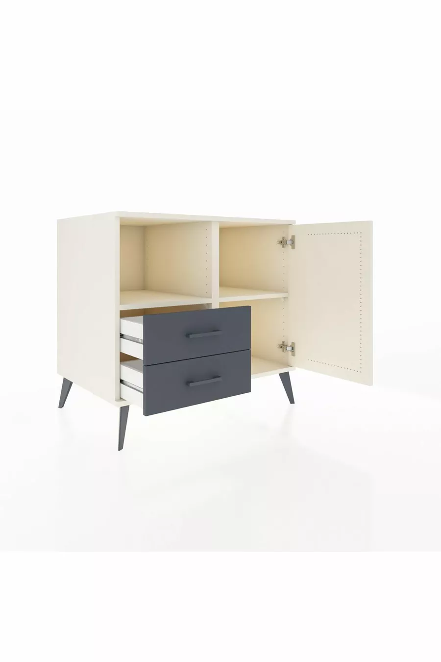 Commode Kronos avec 2 étagères, 2 tiroirs et 1 porte, Albâtre/Anthracite