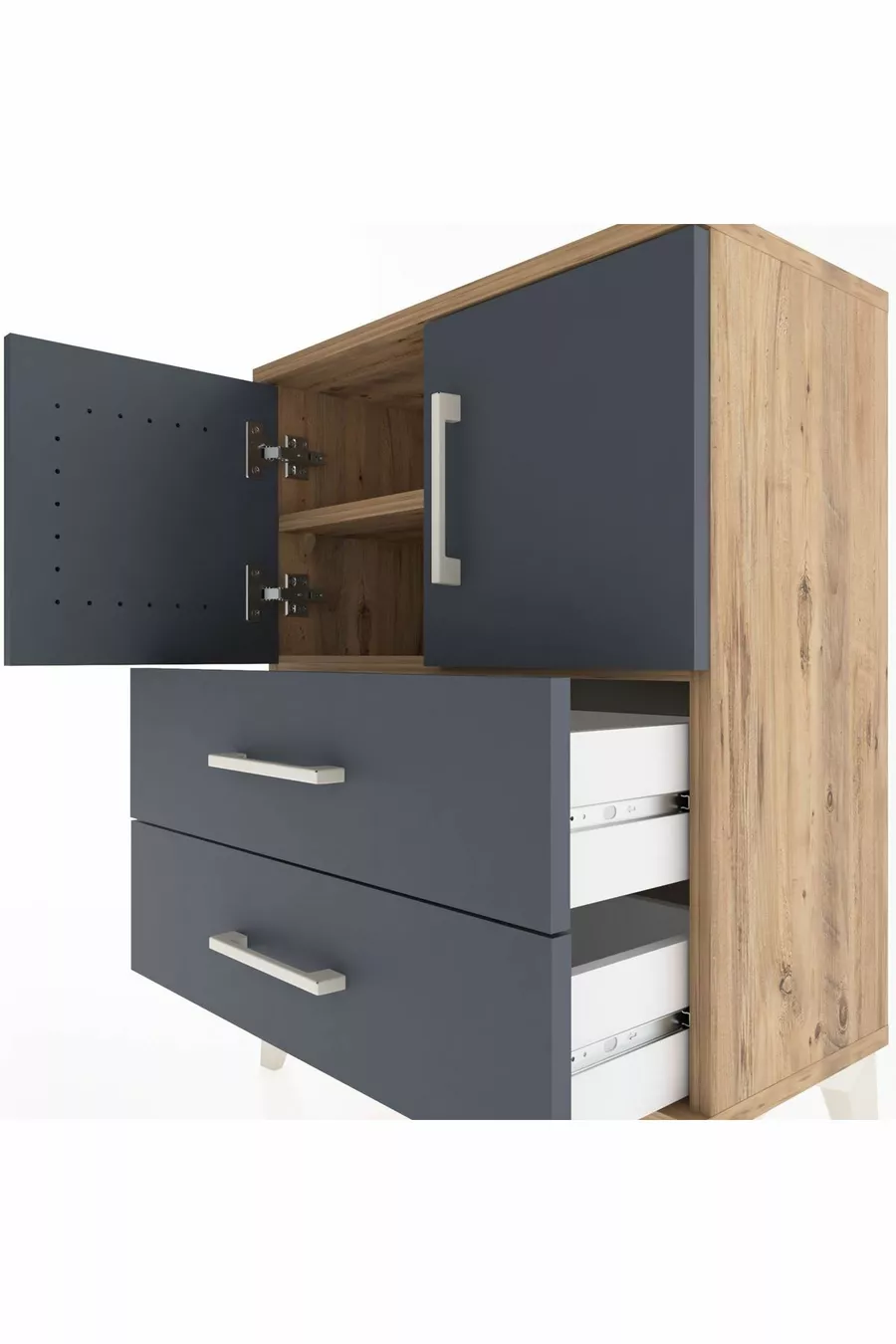 Chevet Arges avec 2 étagères, 2 tiroirs et 2 portes, pin-anthracite
