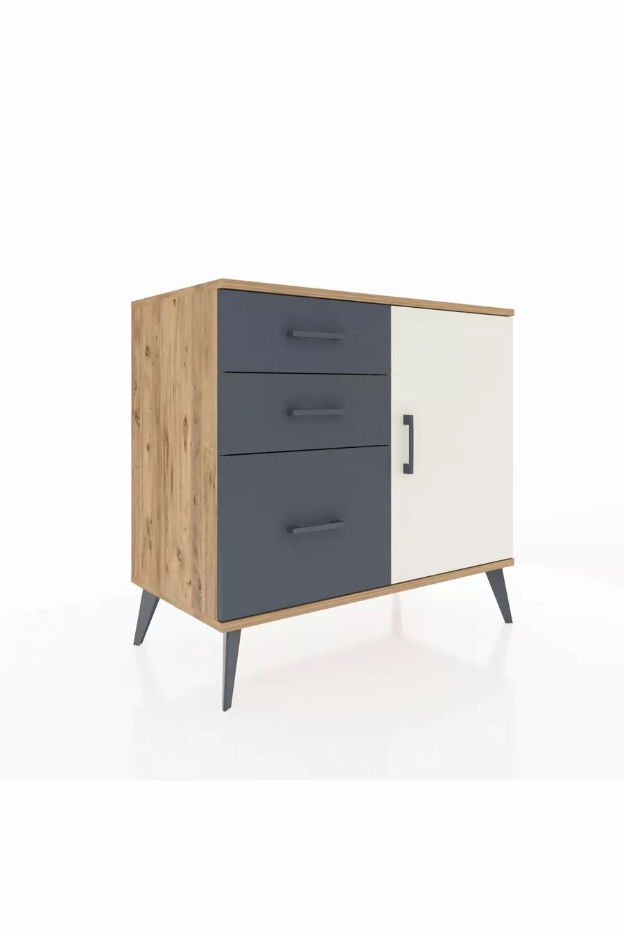 Commode Hyperion avec une seule étagère, 3 tiroirs et une porte, pin-gris/anthracite