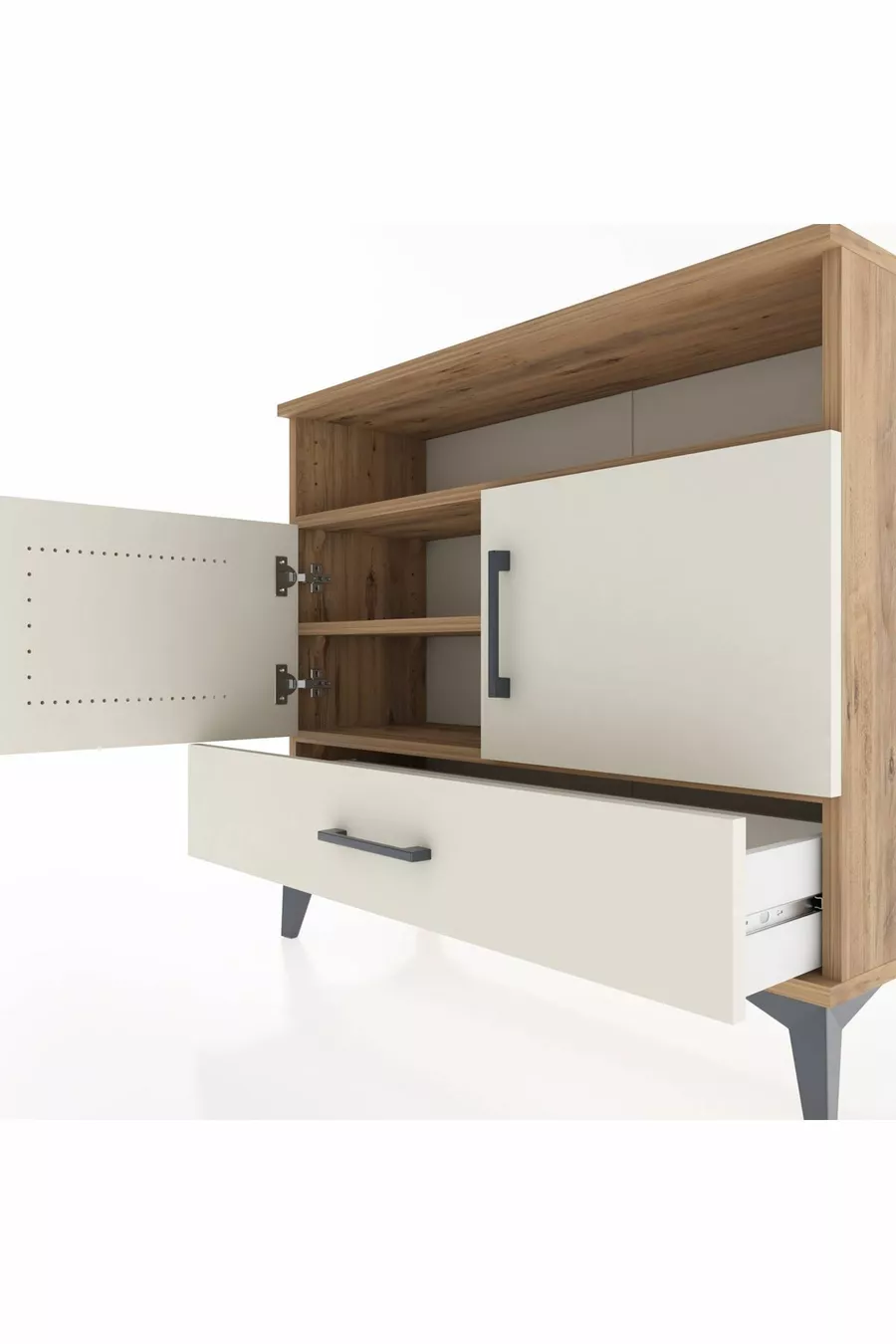 Commode Arges avec 3 étagères, 1 tiroir et 2 portes, en pin-pierre d'ardoise