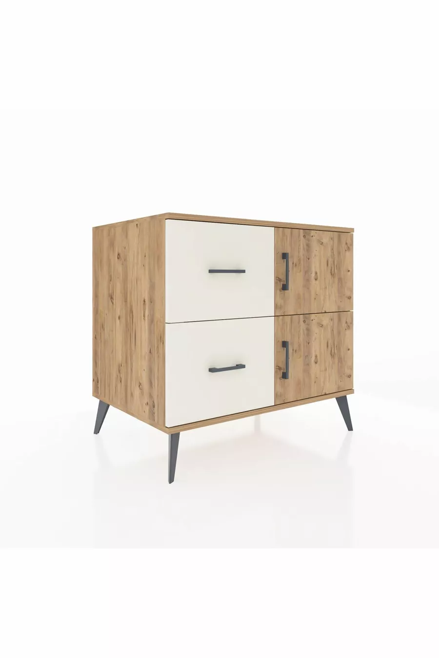 Commode Kronos à une étagère, 2 tiroirs et 2 portes, Pin-Pin / Pierre de lune