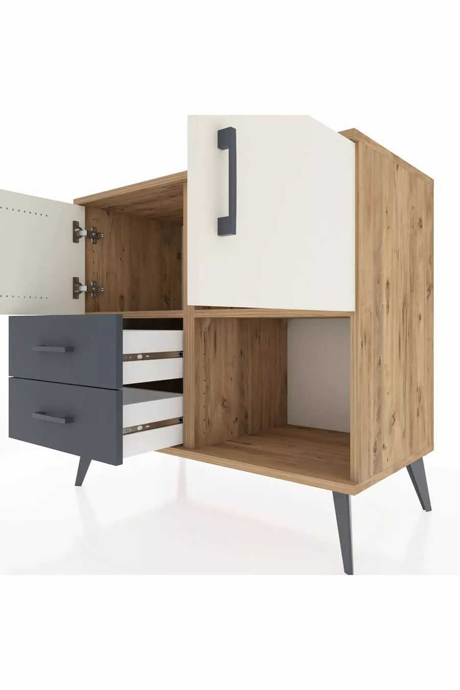 Commode Hyperion 2 étagères 2 tiroirs 2 portes Pin-Marbre/Anthracite