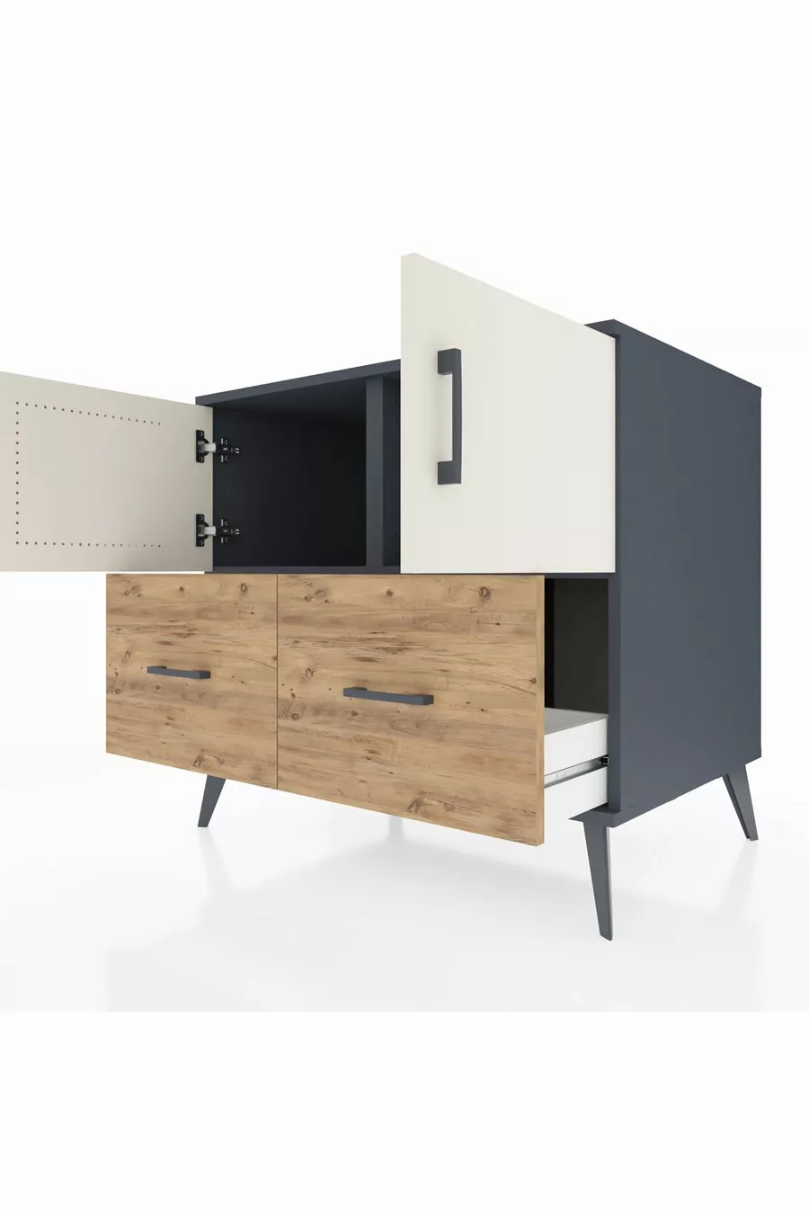 Commode Kronos avec 2 étagères, 2 tiroirs et 2 portes Anthracite-Pierre d'argile/Sapin