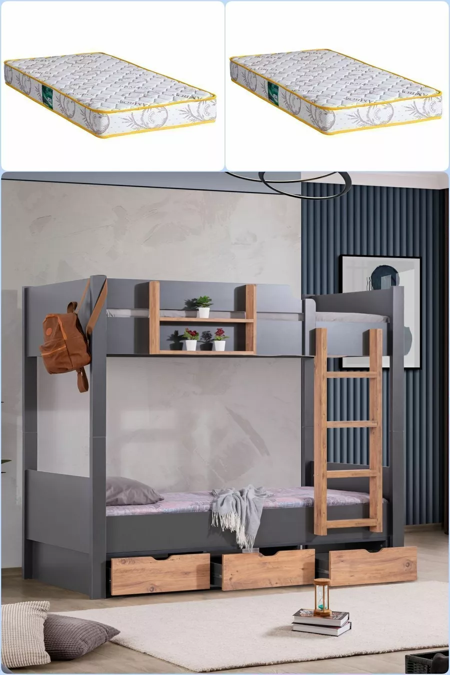 Lit superposé Ranza Asya avec tiroirs amovibles, 2 matelas Comfort