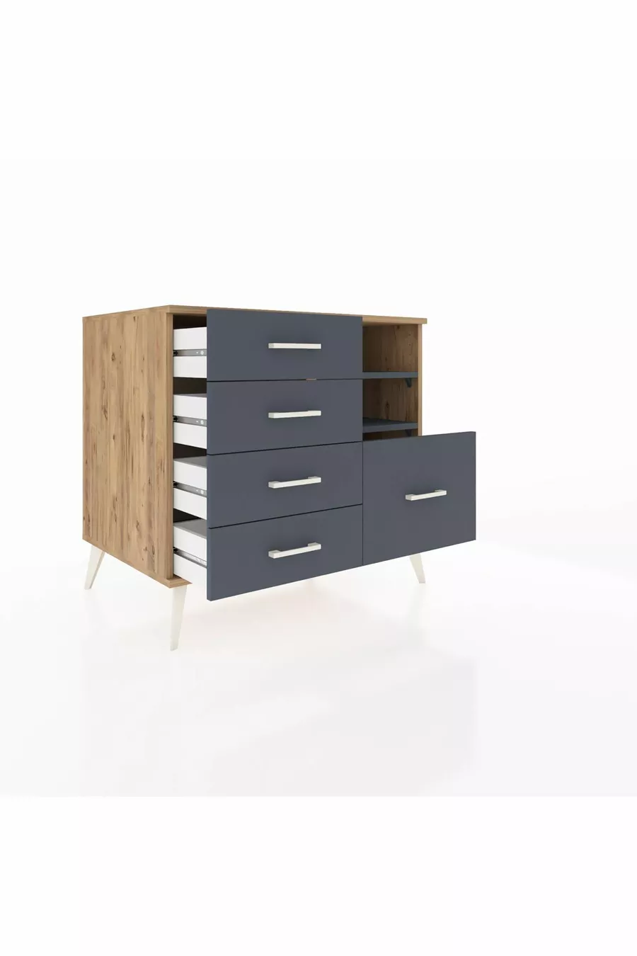 Commode Kronos avec 2 étagères et 5 tiroirs, pin-anthracite