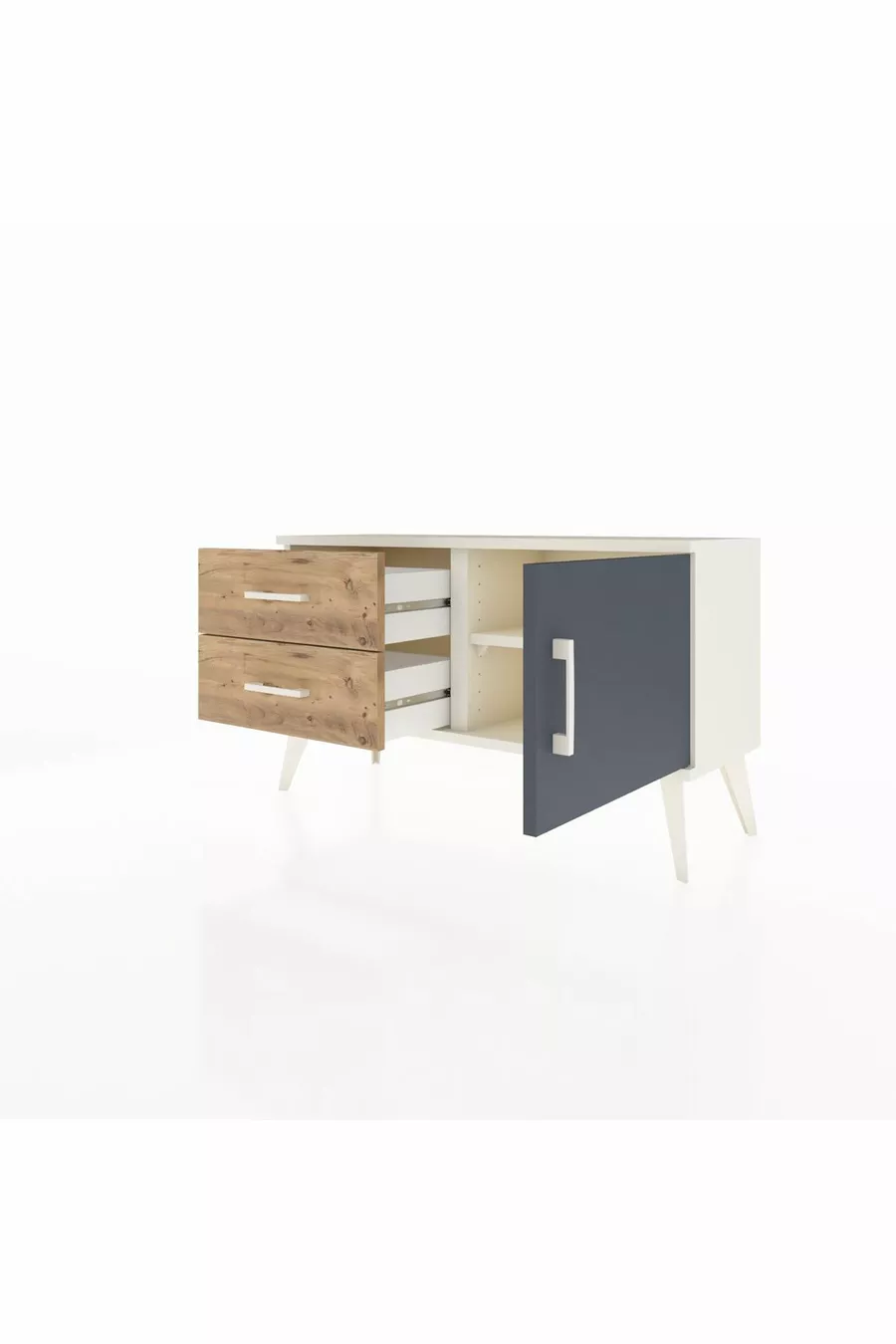 Commode Arges avec une seule étagère, 2 tiroirs et une porte, couleur Pierre de lune-Anthracite/Pins