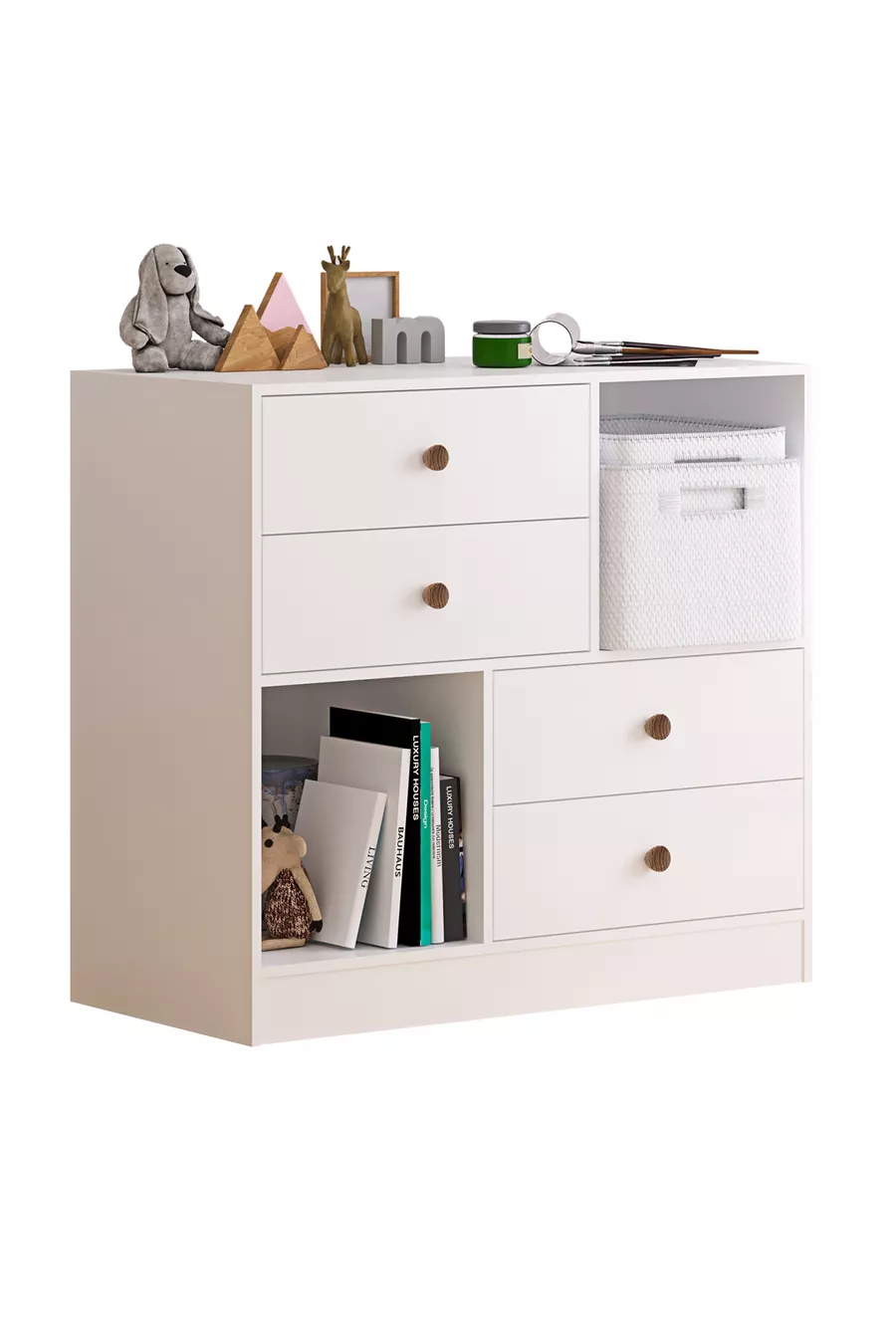 Commode Elif moderne à 4 tiroirs et 2 étagères