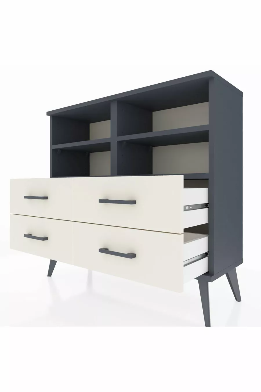 Commode Arges 4 étagères 4 tiroirs Anthracite-Anthracite/Gris pierre