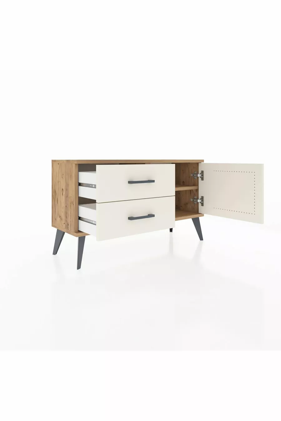 Commode Arges à une étagère, 2 tiroirs et une porte, pin et pierre de l'ay