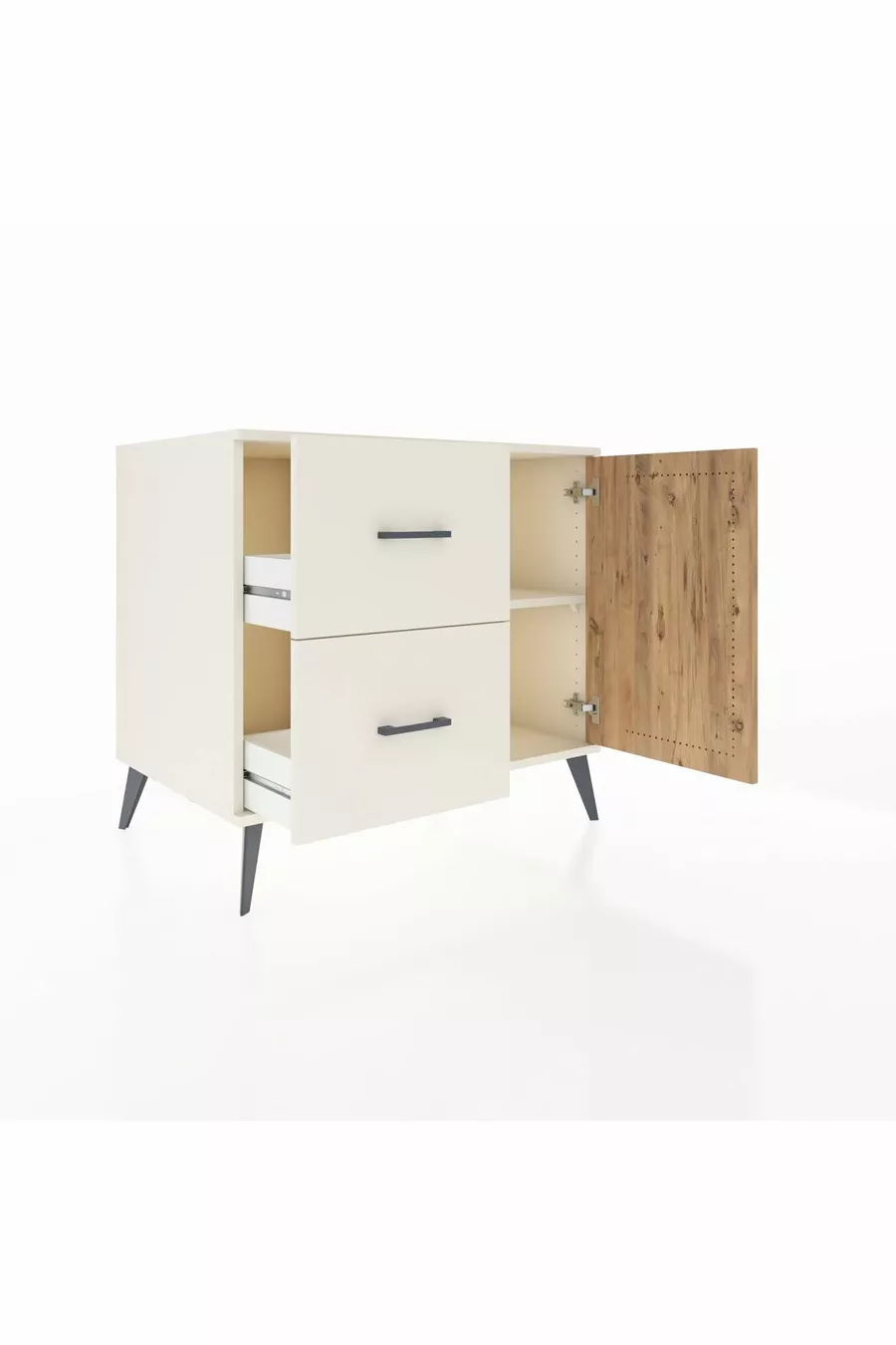 Commode Kronos à une étagère, 2 tiroirs et une porte, Pierre de Lune-Pin/Pierre de Lune