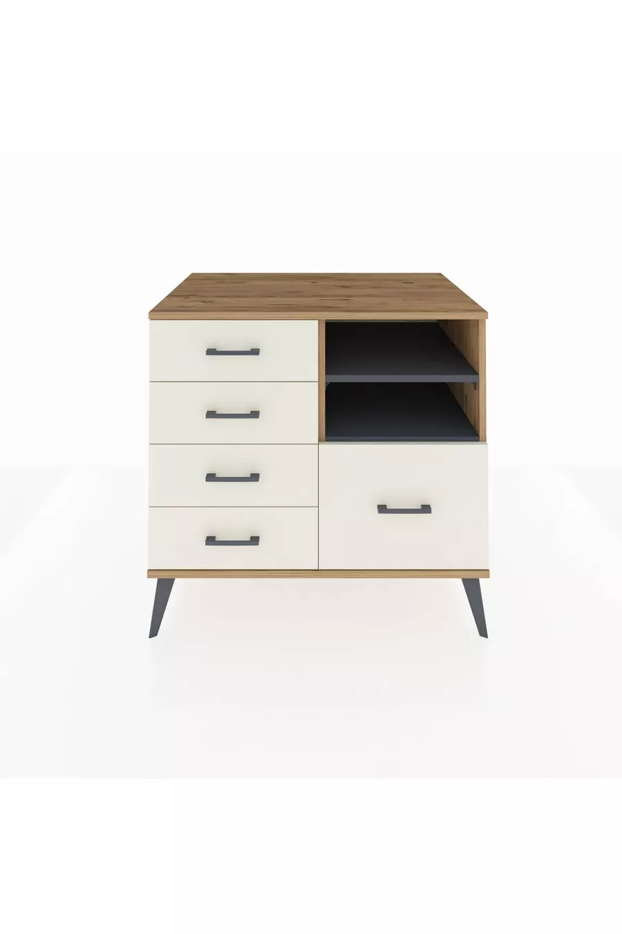 Commode Kronos 2 étagères 5 tiroirs Pin-Anthracite / Pierre de Lune