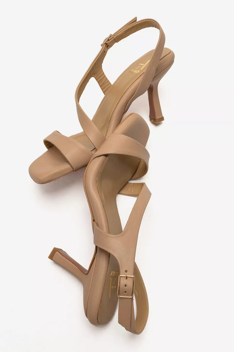 Sandales pour femme en cuir véritable, talon moyen fin, couleur beige