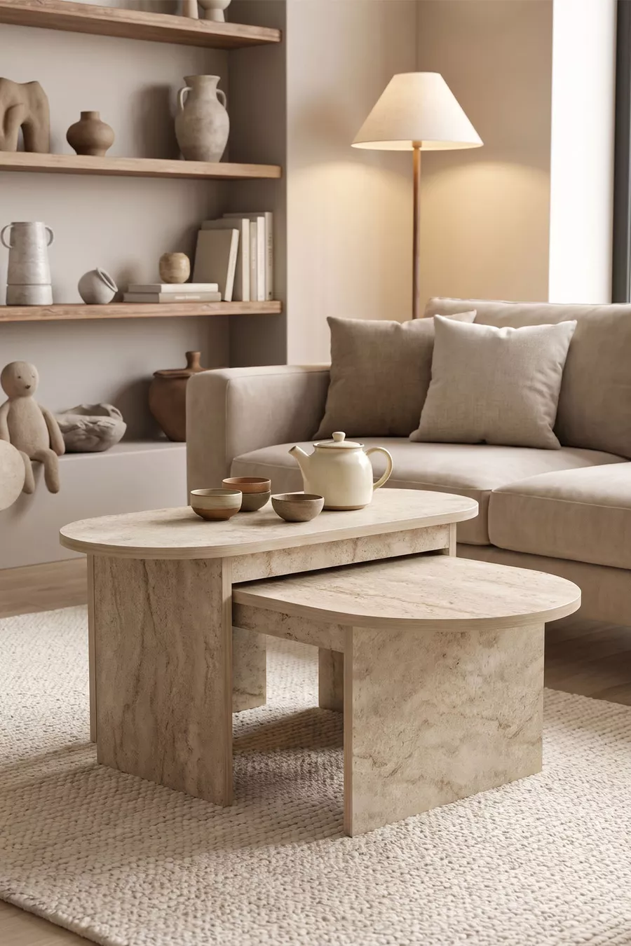 Table basse et table d'appoint ensemble de 2 en travertin