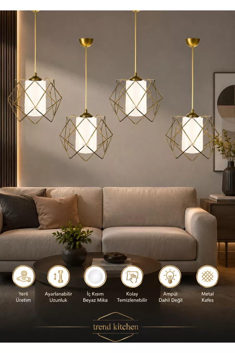 4 pièces Suspension Luminaire Tendances en Métal Blanc avec Verre Mica pour Salon, Cuisine, Salle de Bain, Chambre à Coucher, Doré