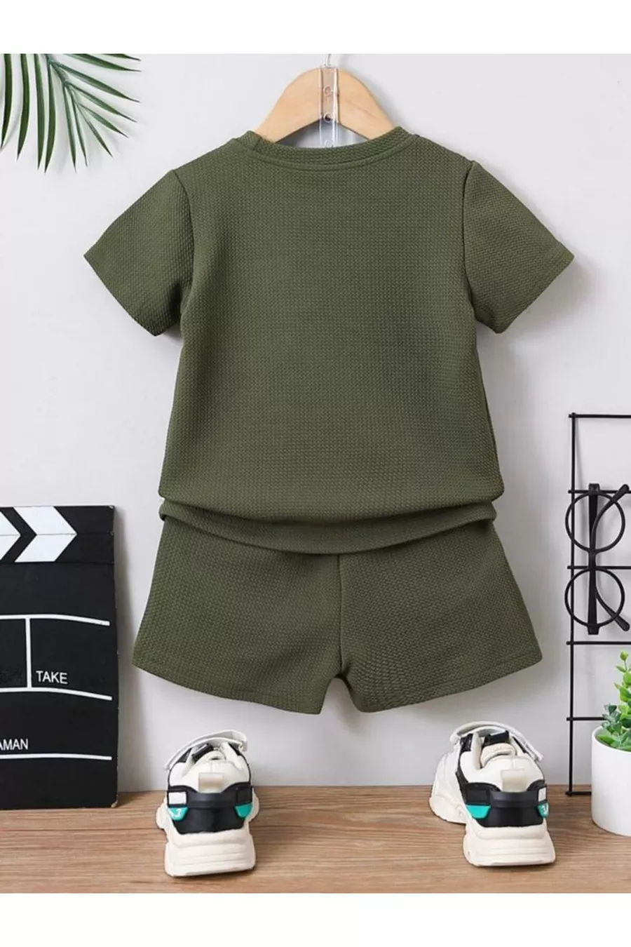 Ensemble d'été pour bébé et enfant, avec short 2 pièces en coton, détail poche avec motif gaufre - Vert