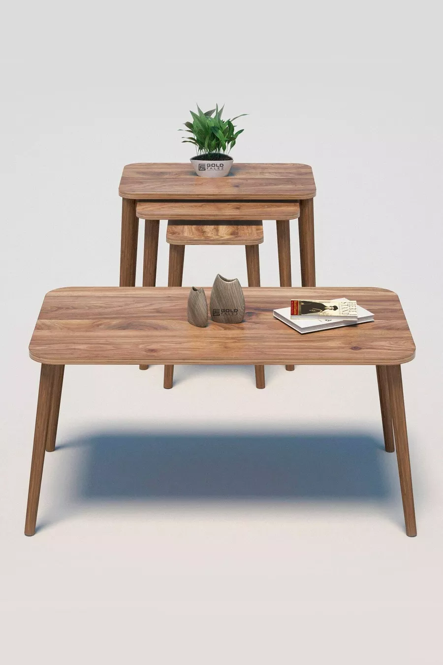 Table basse Kr et ensemble de tables gigognes Kr en noyer