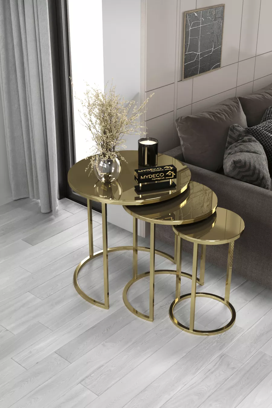 Table gigogne avec miroir doré et bronze