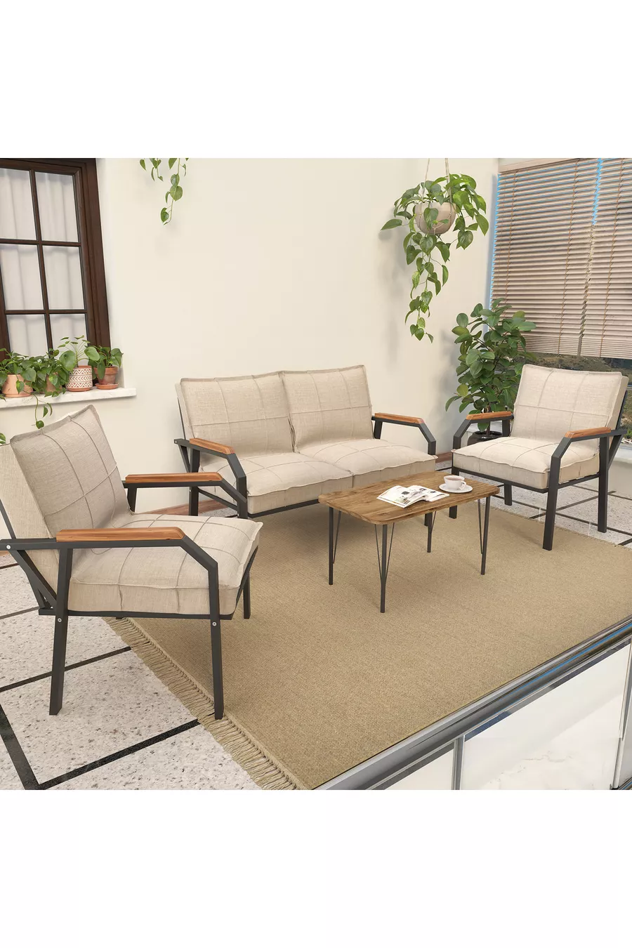Hayal Balcon, Jardin, Café, Ensemble de Canapés en Métal, Meubles de Jardin,  avec Table Basse - Crème