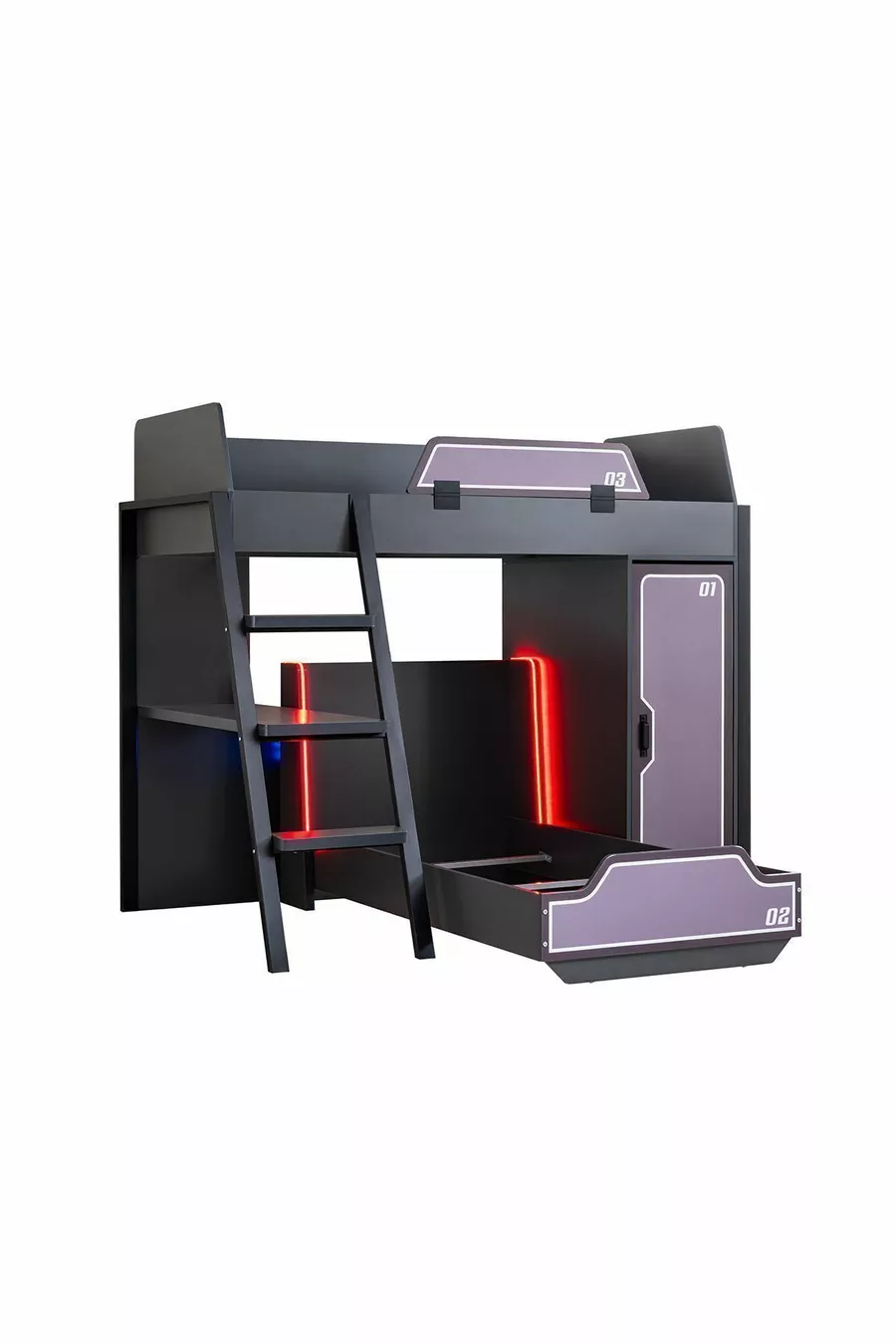 Chambre de joueur avec lits superposés, lit superposé Gamer avec LED, bureau, armoire et 2 matelas confort