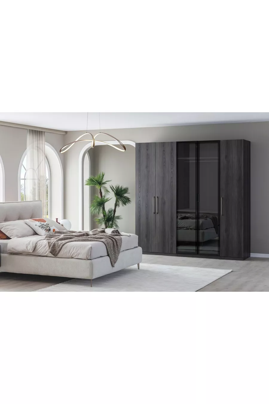 ENSEMBLE DE CHAMBRE PANDOR NOX, NOYER FONCÉ, 5 PORTES