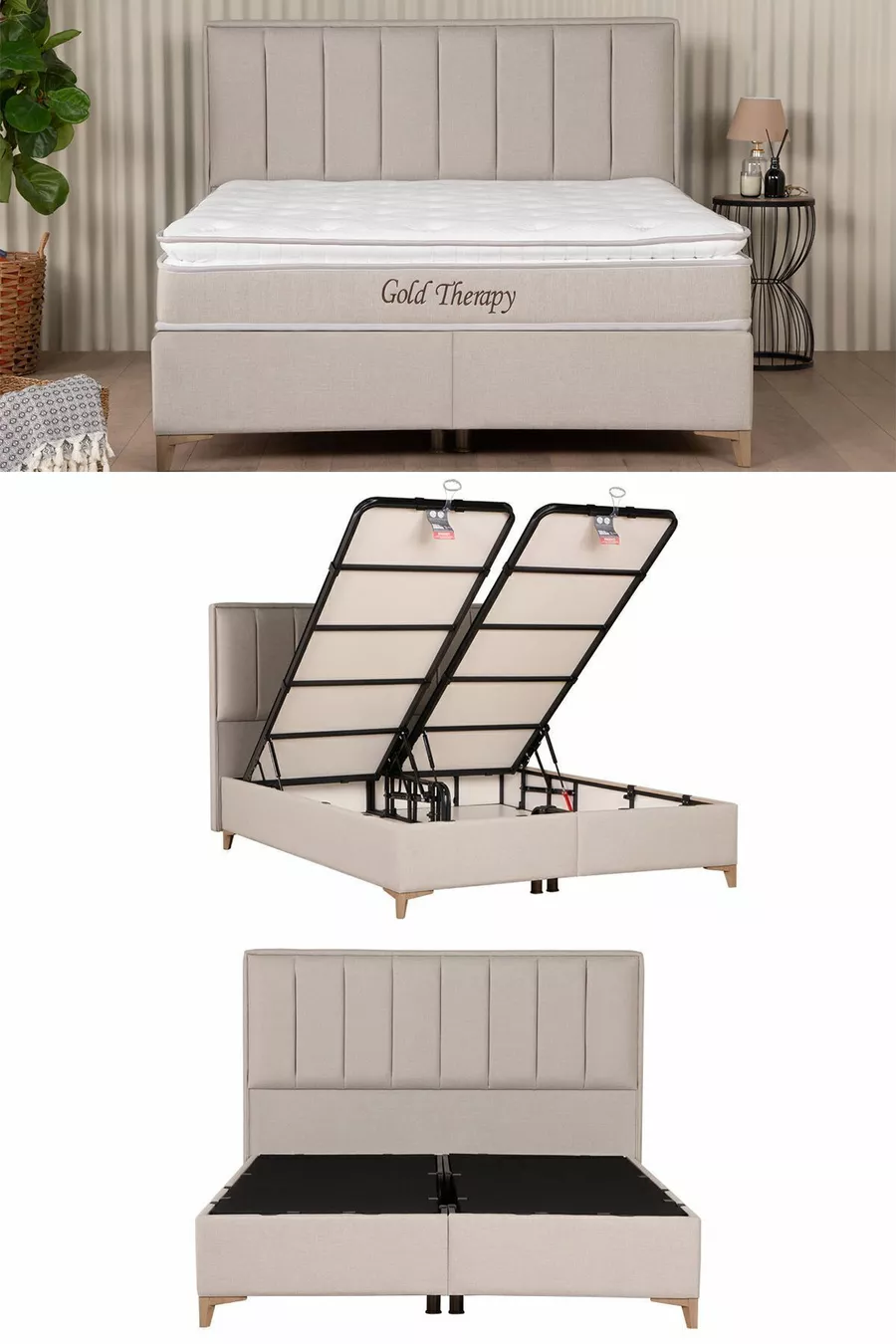 Lit coffre Gold Therapy Beige (TÊTE DE LIT ET MATELAS NON INCLUS)