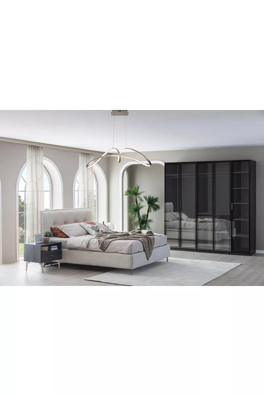 ENSEMBLE DE CHAMBRE PANDOR NOX AVEC PORTES EN VERRE, NOYER FONCÉ, 5 PORTES