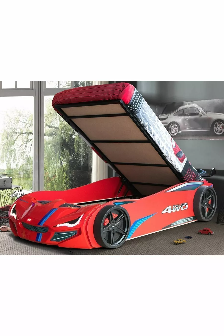 Lit avec voiture, lit avec base Merso et pare-vent - Rouge 1 pièce Matelas Comfort