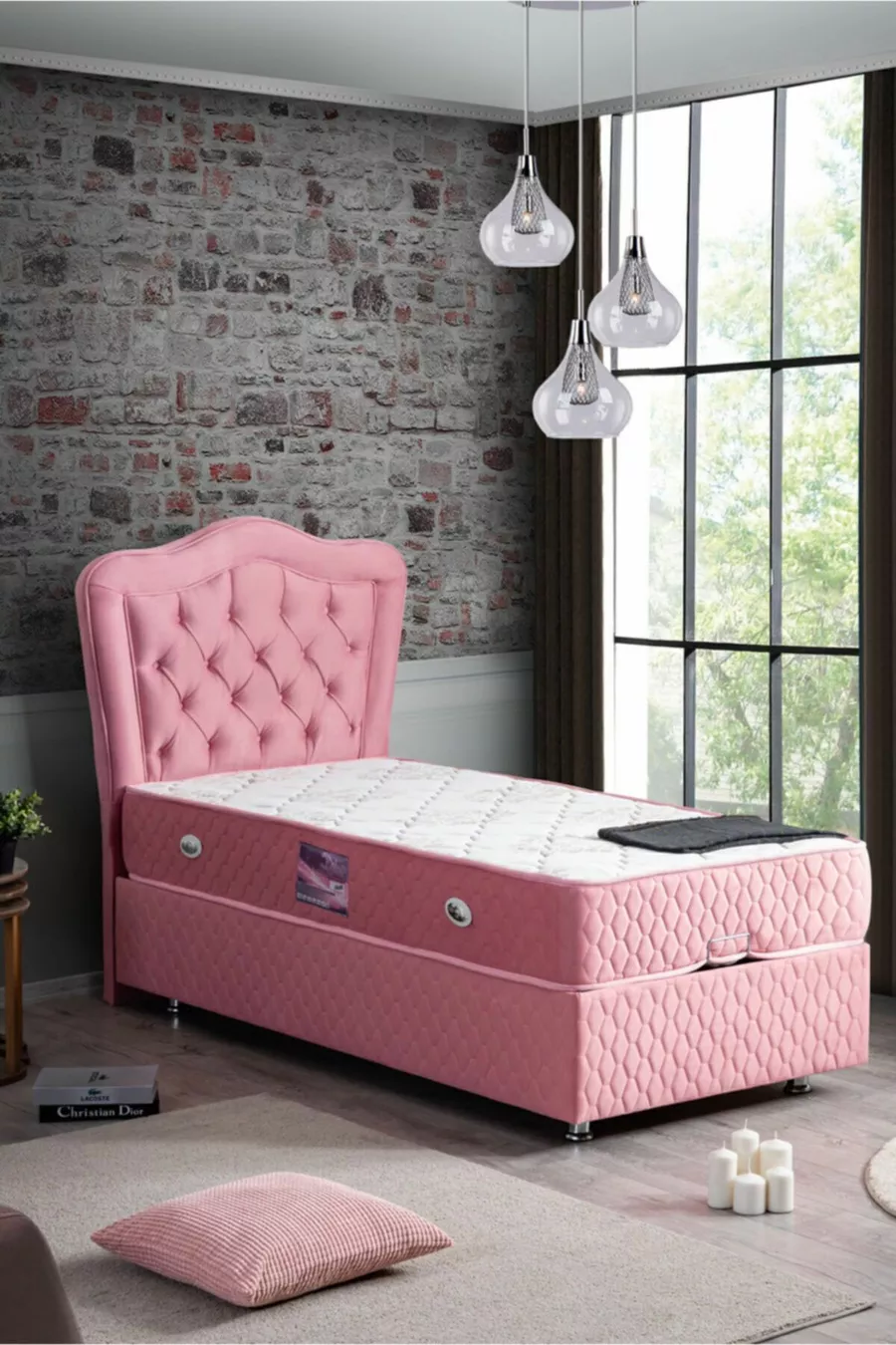 Ensemble de lit orthopédique deluxe avec tête de lit Camelli New Baza, rose