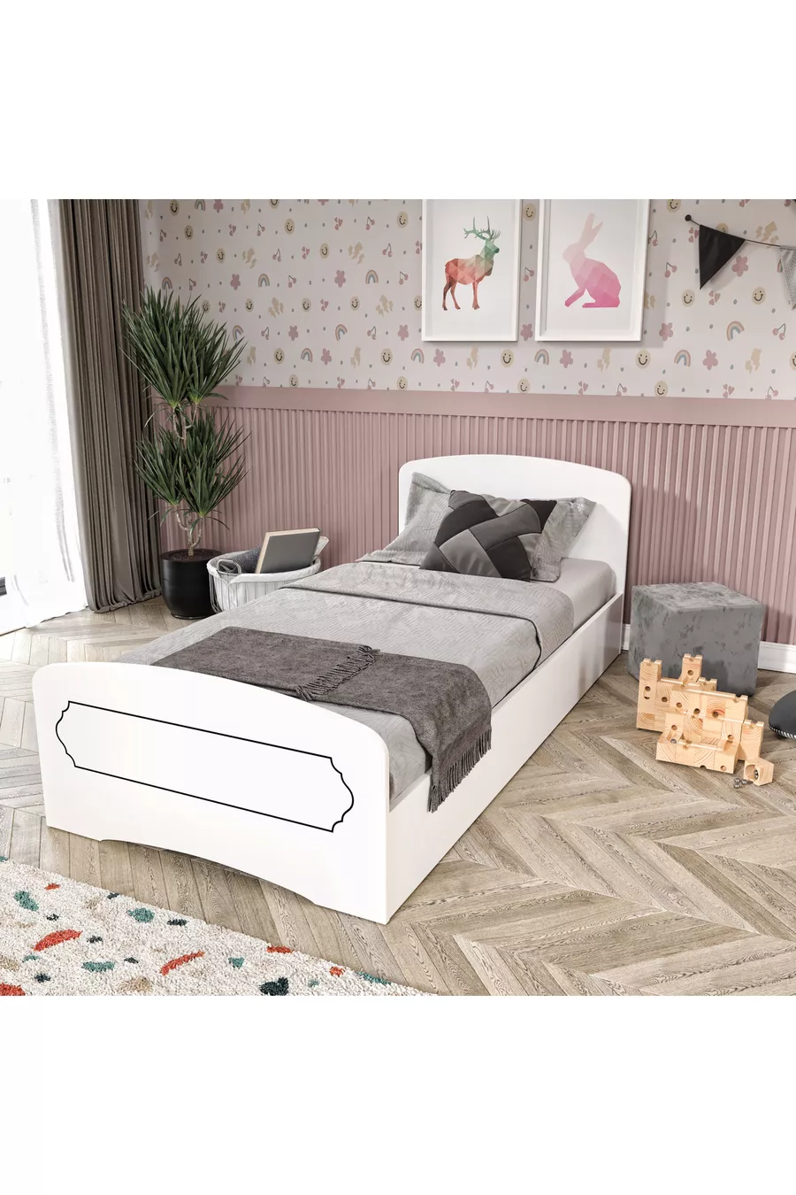 Lit simple en MDF Hayal blanc - Compatible avec les lits de Cm X Cm